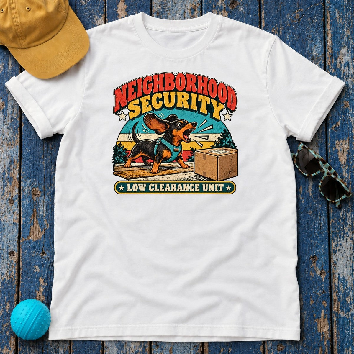 Neighborhood Security Low Clearance Unit Dachshund T-Shirt in White - flat lay