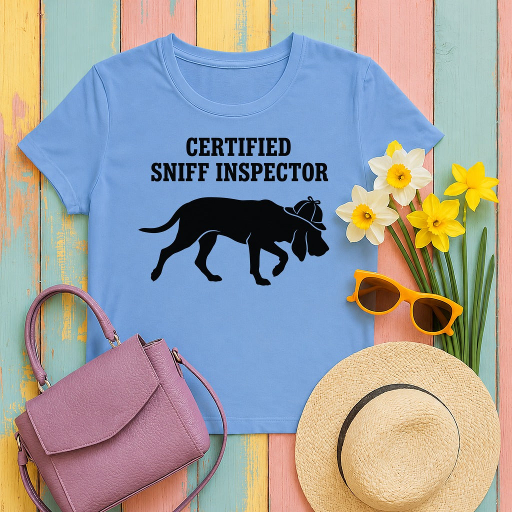 Certified Sniff Inspector Bloodhound T-Shirt in Carolina Blue