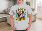 Beagle puppy in water on t-shirt with text "First of all, I'm a DELIGHT".