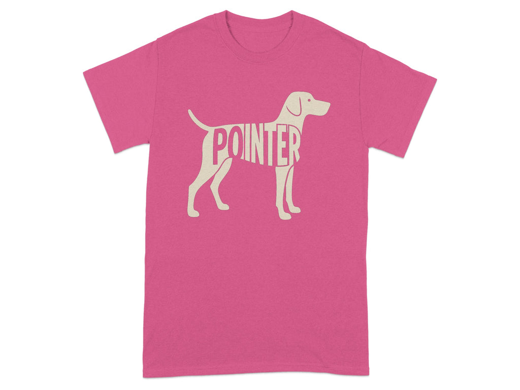 Pink t-shirt with a pointer dog silhouette containing the word "POINTER".