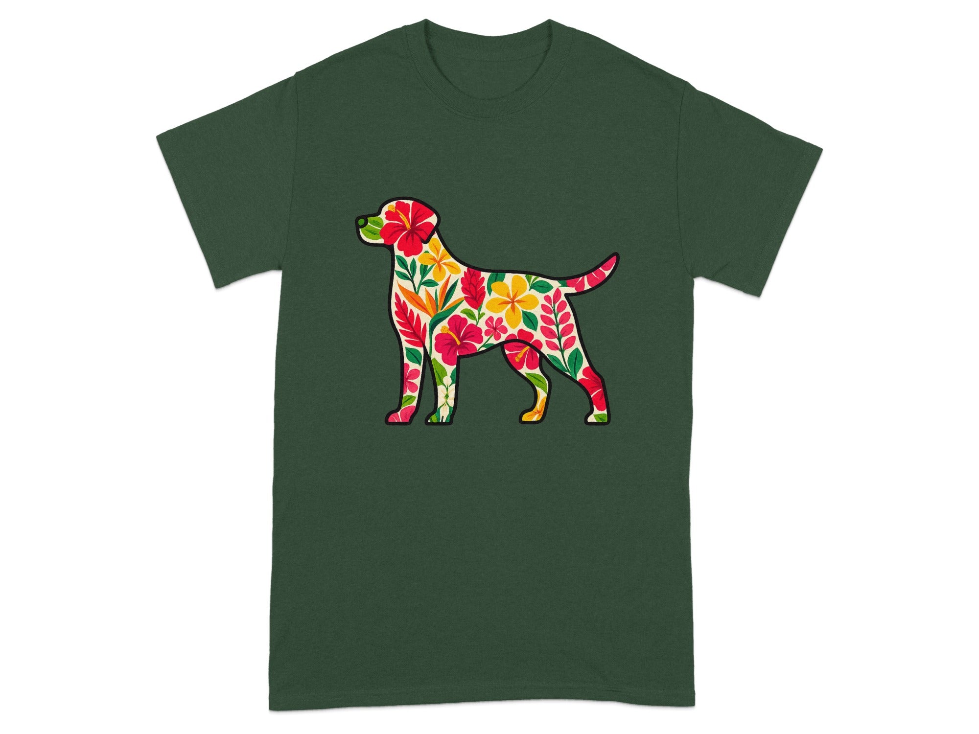 Colorful Floral Dog Graphic on Green T-Shirt
