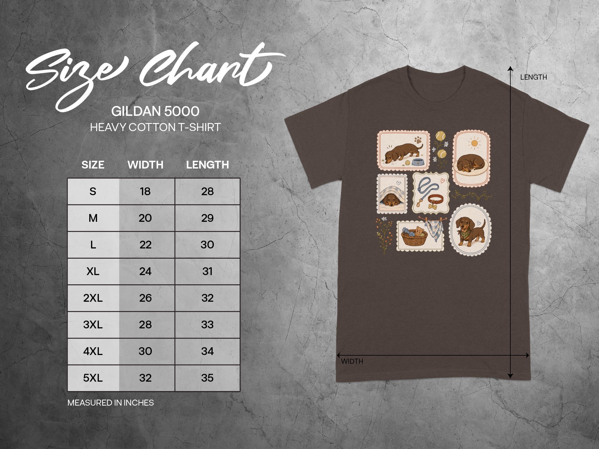 Gildan 5000 heavy cotton t-shirt size chart with measurements in inches.