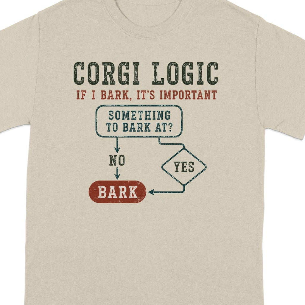 T-shirt with "Corgi Logic" flowchart about when corgis bark.