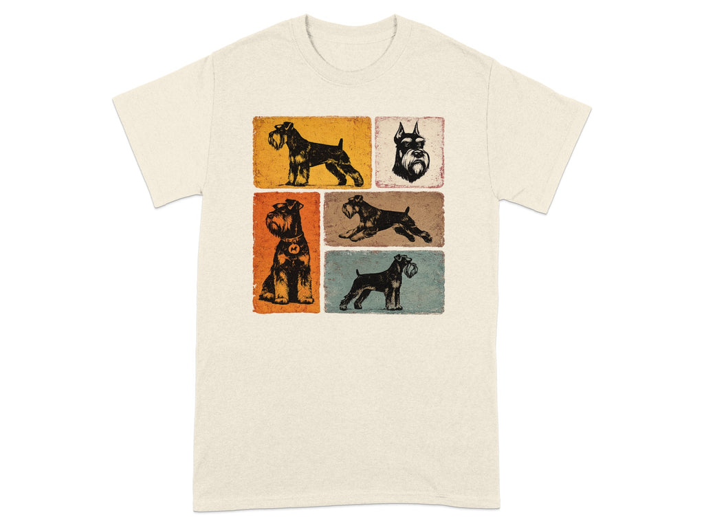 T-shirt with a collage of five vintage-style schnauzer illustrations.