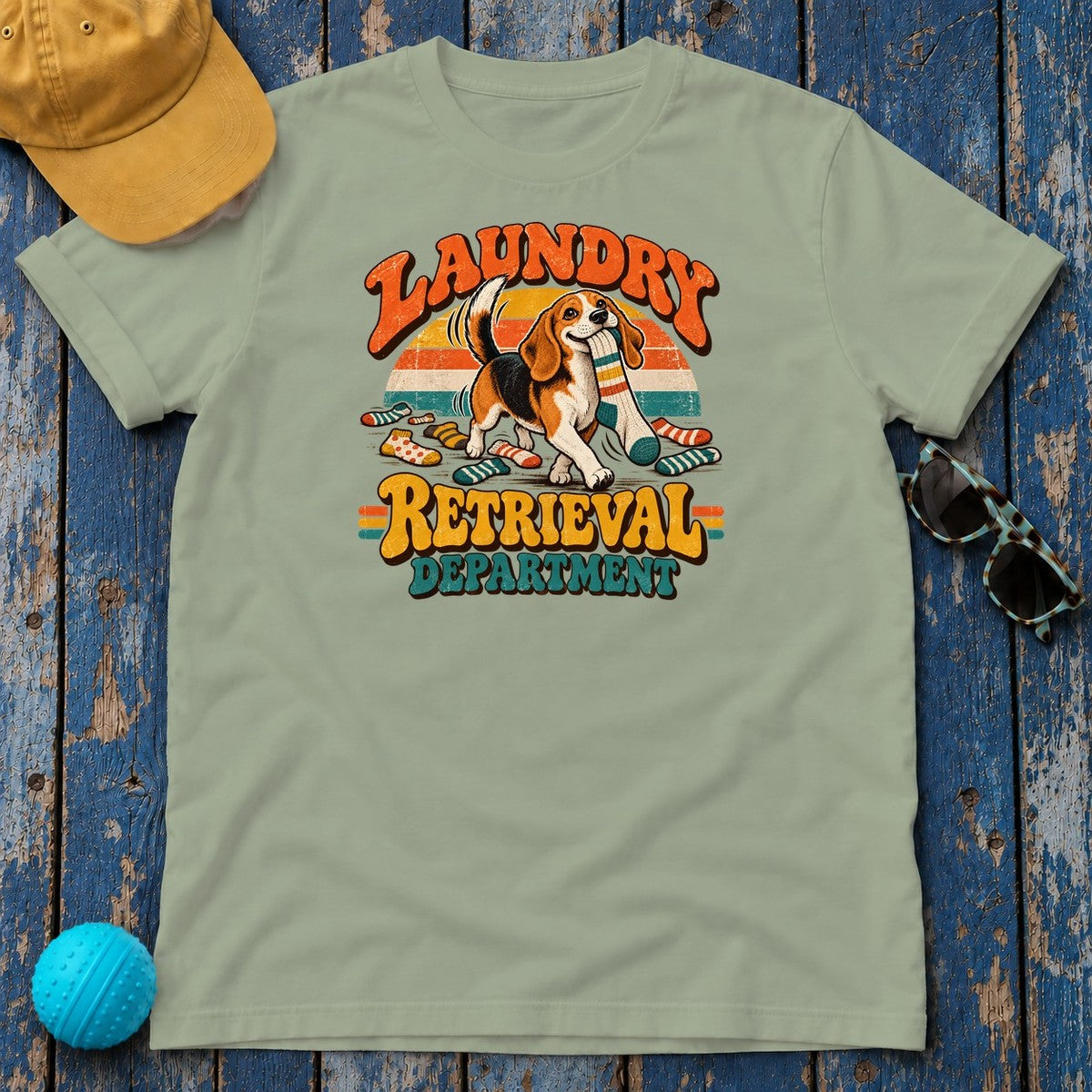 Laundry Retrieval Department Beagle T-Shirt in Sage - flat lay