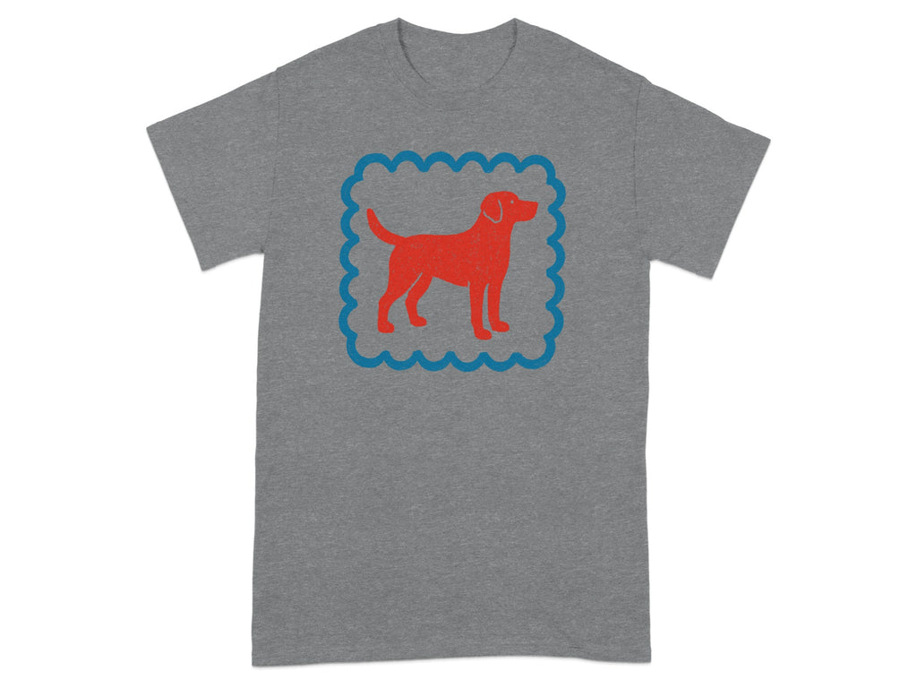 Grey T-shirt with Red Dog and Blue Border Design