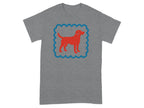 Grey T-shirt with Red Dog and Blue Border Design