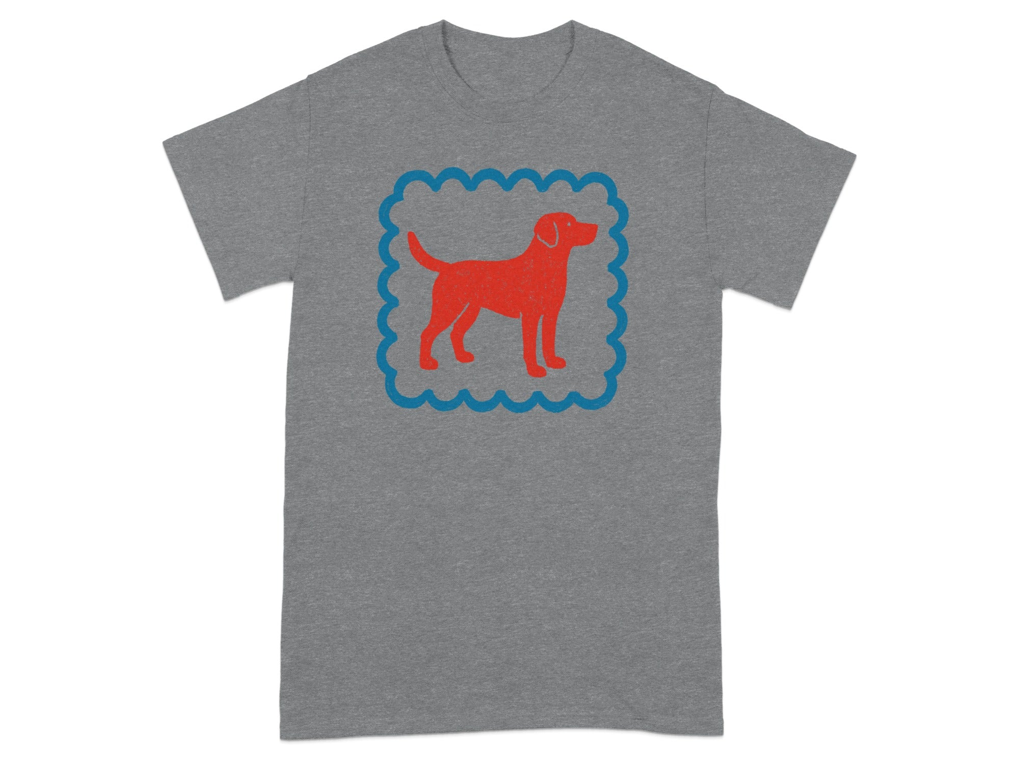 Grey T-shirt with Red Dog and Blue Border Design