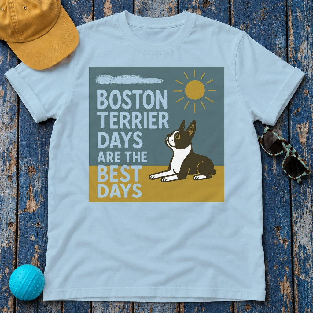Whimsical Boston Terrier Days T-Shirt in Light Blue