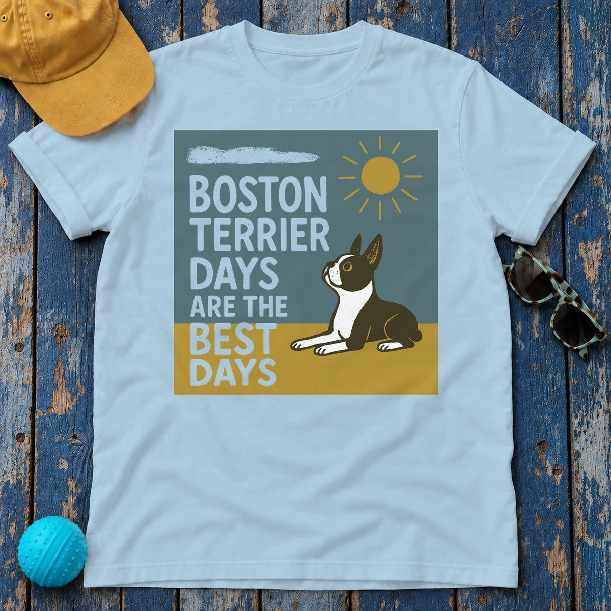 Whimsical Boston Terrier Days T-Shirt in Light Blue