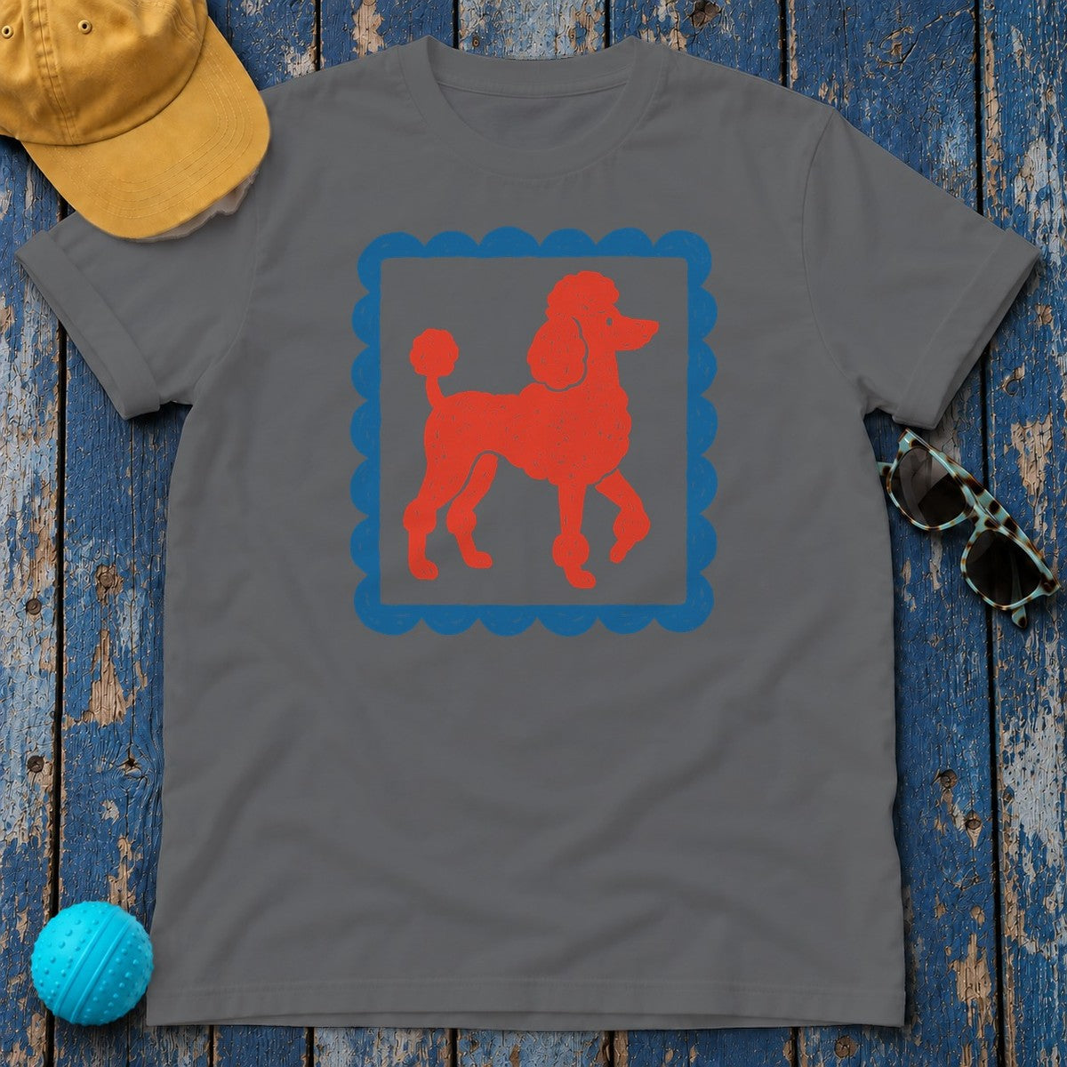Cute Red Poodle Stamp Style Design in Blue Frame T-Shirt in Graphite Heather