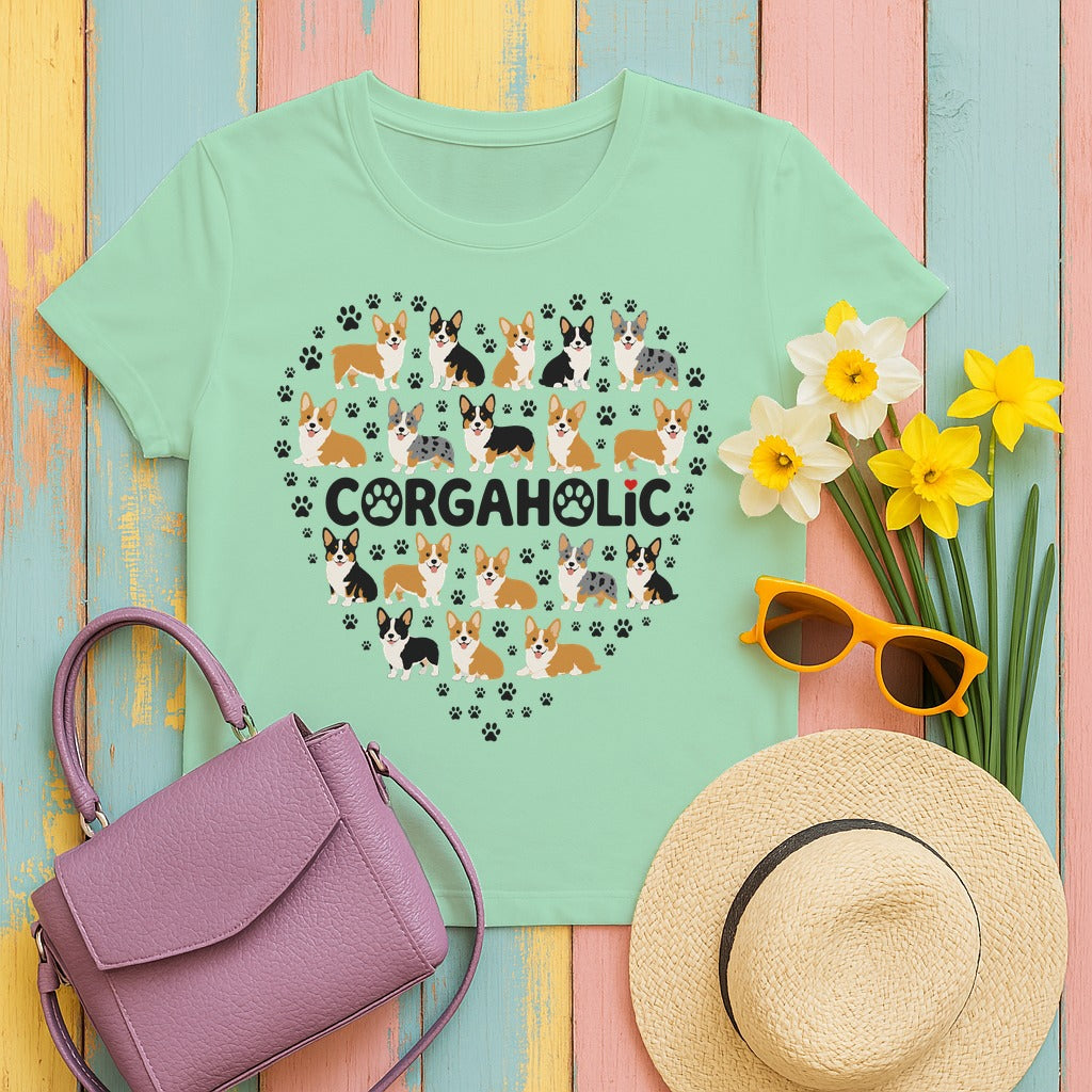 Corgi Corgaholic Heart T-Shirt in Mint Green