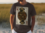 Dark grey t-shirt with queen of hearts pug playing card graphic.