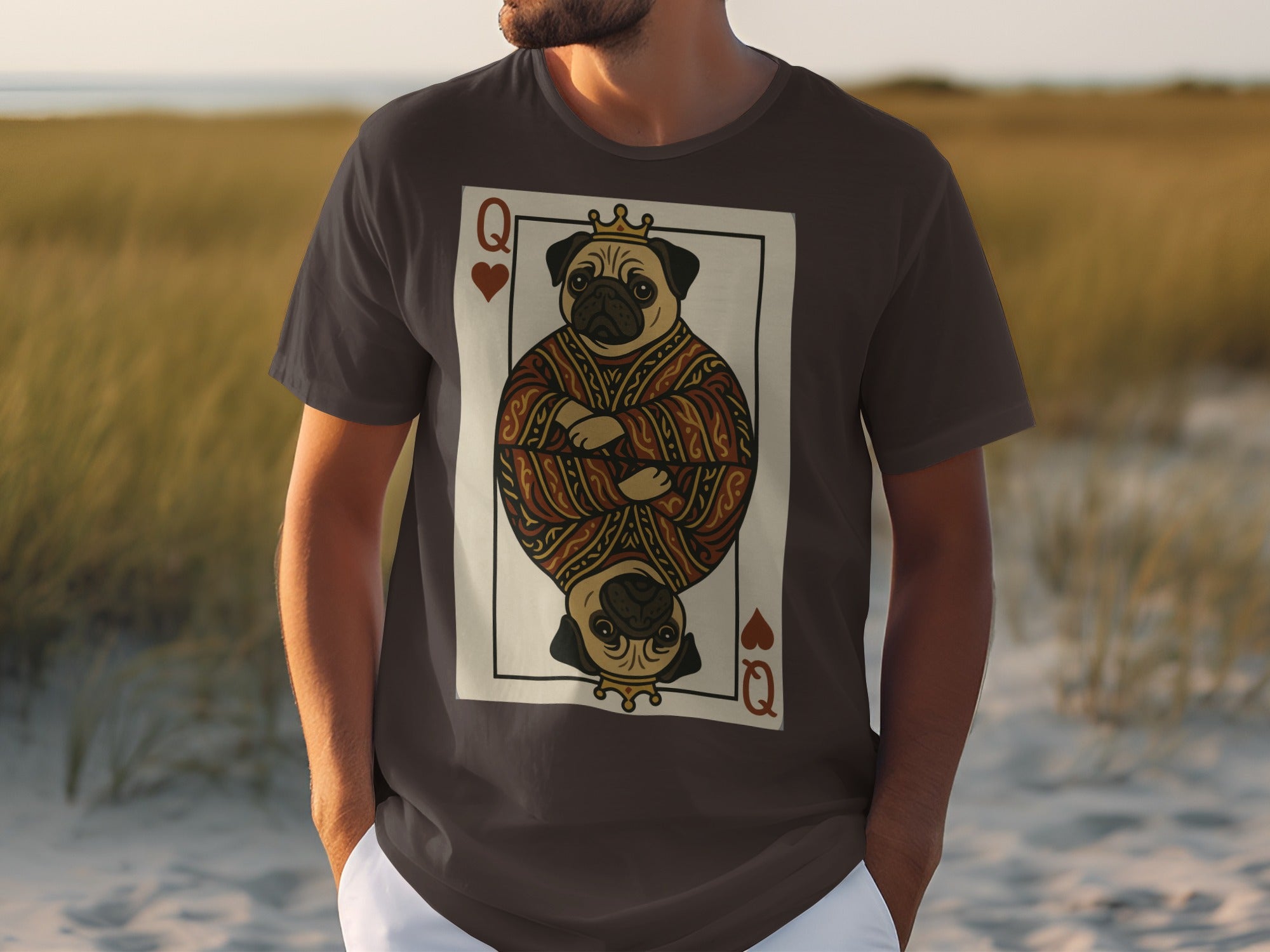 Dark grey t-shirt with queen of hearts pug playing card graphic.
