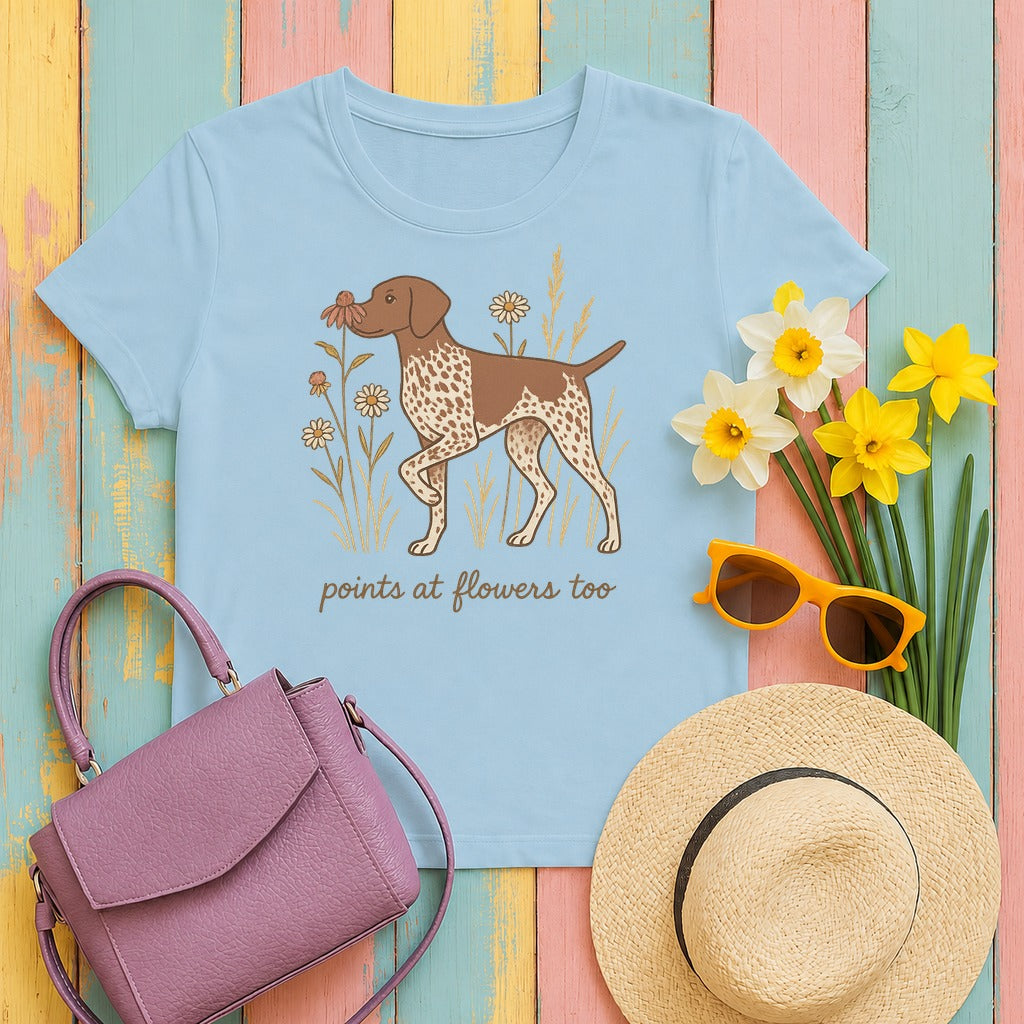German Shorthaired Pointer Points at Flowers T-shirt in Light Blue