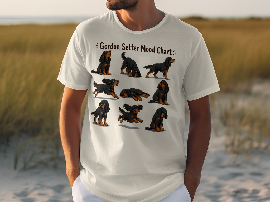 Gordon Setter mood chart with nine illustrations of a dog in various poses.