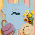 Here We Go. Dog Running Silhouette T-Shirt in Light Blue