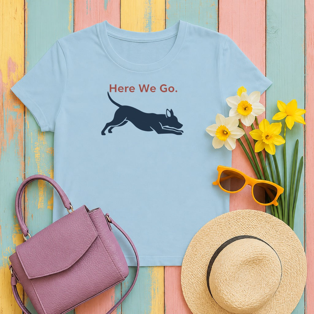 Here We Go. Dog Running Silhouette T-Shirt in Light Blue
