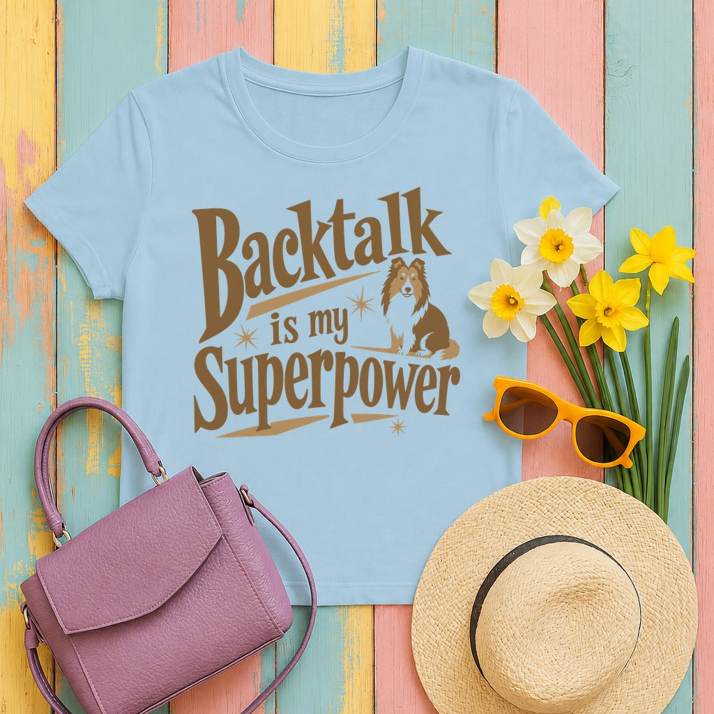 The Backtalk Sheltie Superpower Sheltie T-Shirt in Light Blue
