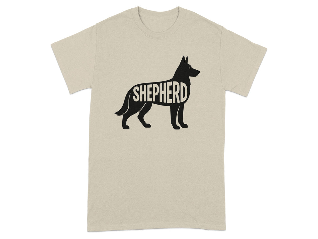 T-shirt with black silhouette of a German Shepherd dog with "SHEPHERD" written inside.