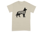 T-shirt with black silhouette of a German Shepherd dog with "SHEPHERD" written inside.