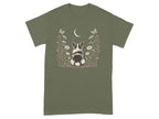 T-shirt with illustration of corgi sitting among flowers, butterflies, and crescent moon.