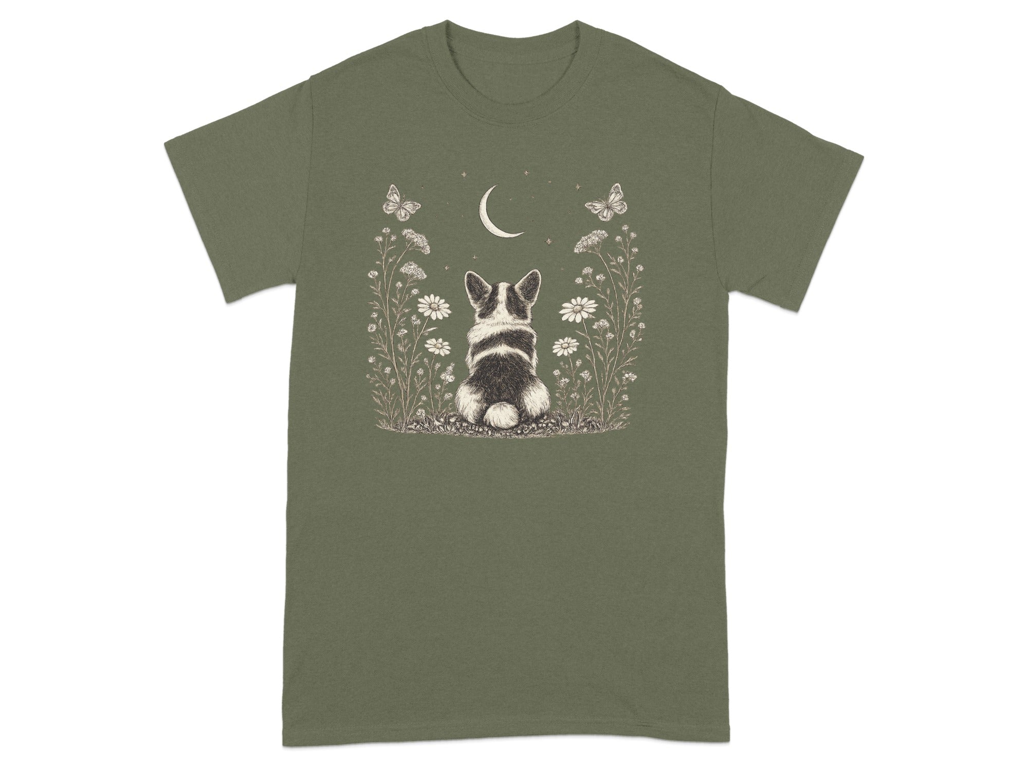 T-shirt with illustration of corgi sitting among flowers, butterflies, and crescent moon.