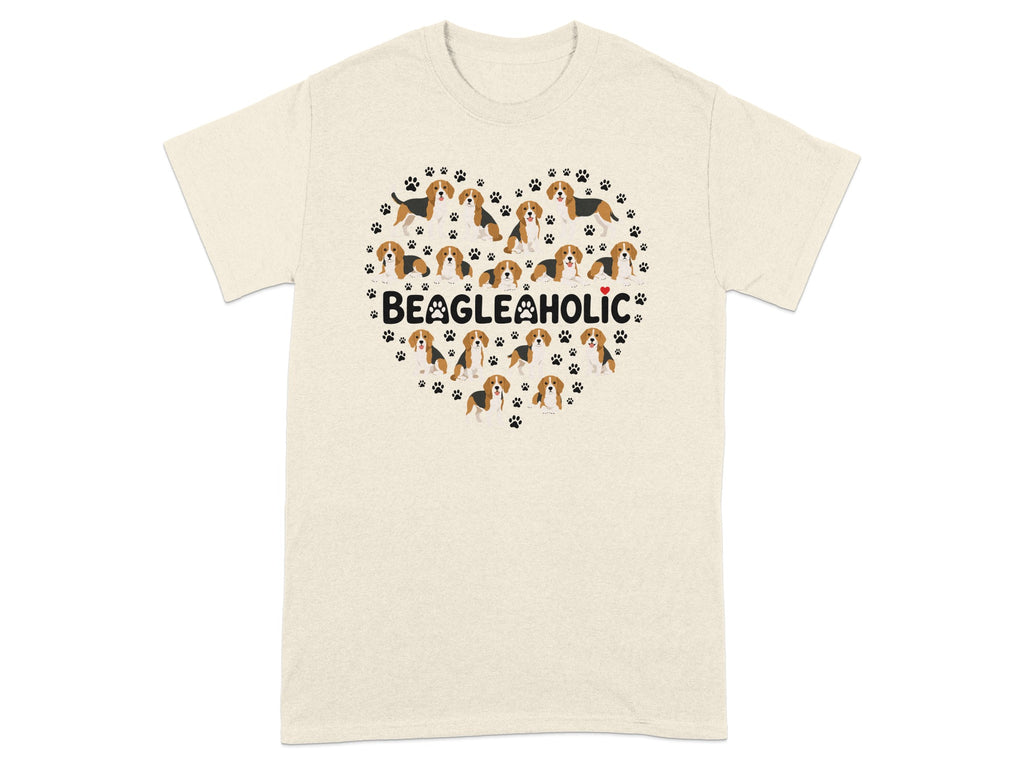 Heart graphic with beagles and paw prints, text "BEAGLEHOLIC".
