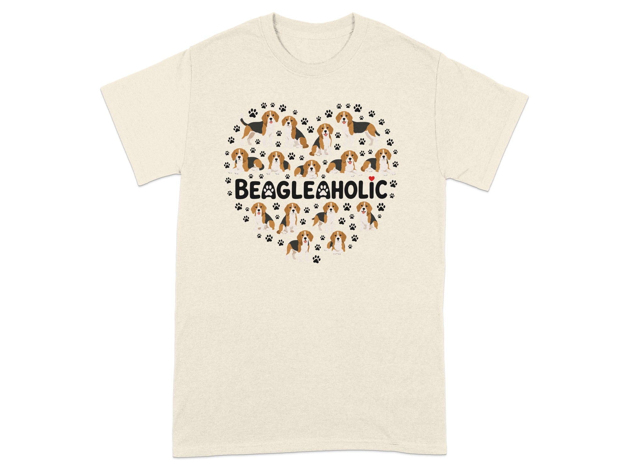 Heart graphic with beagles and paw prints, text "BEAGLEHOLIC".