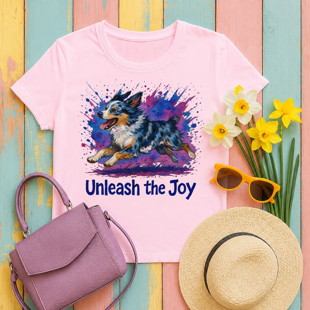 Vibrant Splash Australian Shepherd T-Shirt in Light Pink