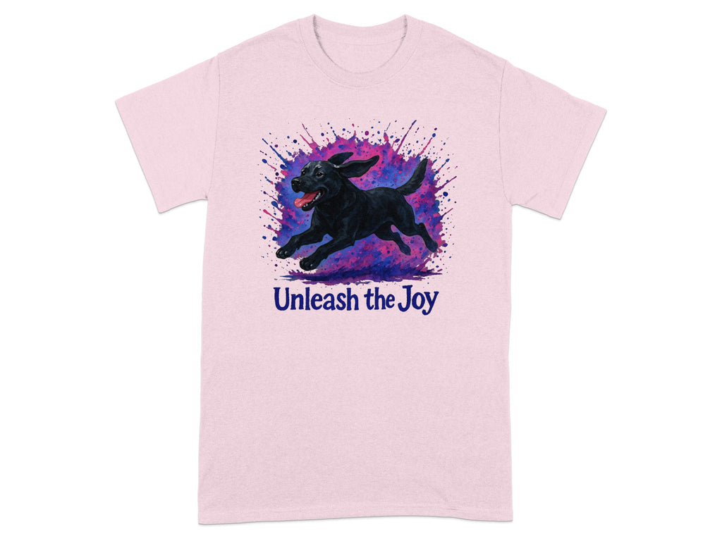 Pink t-shirt with black dog artwork and text "Unleash the Joy".