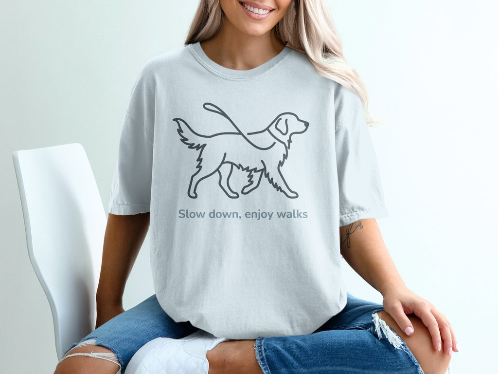 Slow down enjoy walks dog silhouette graphic t-shirt