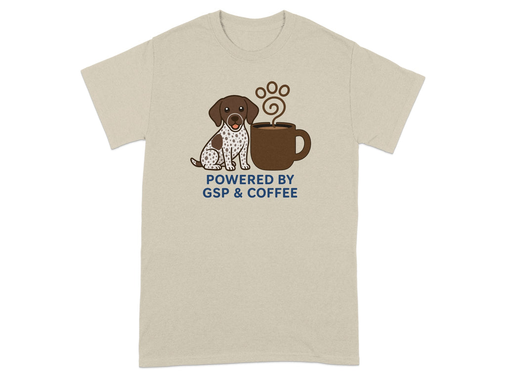 Beige t-shirt with German Shorthaired Pointer and "Powered by GSP & COFFEE" text.