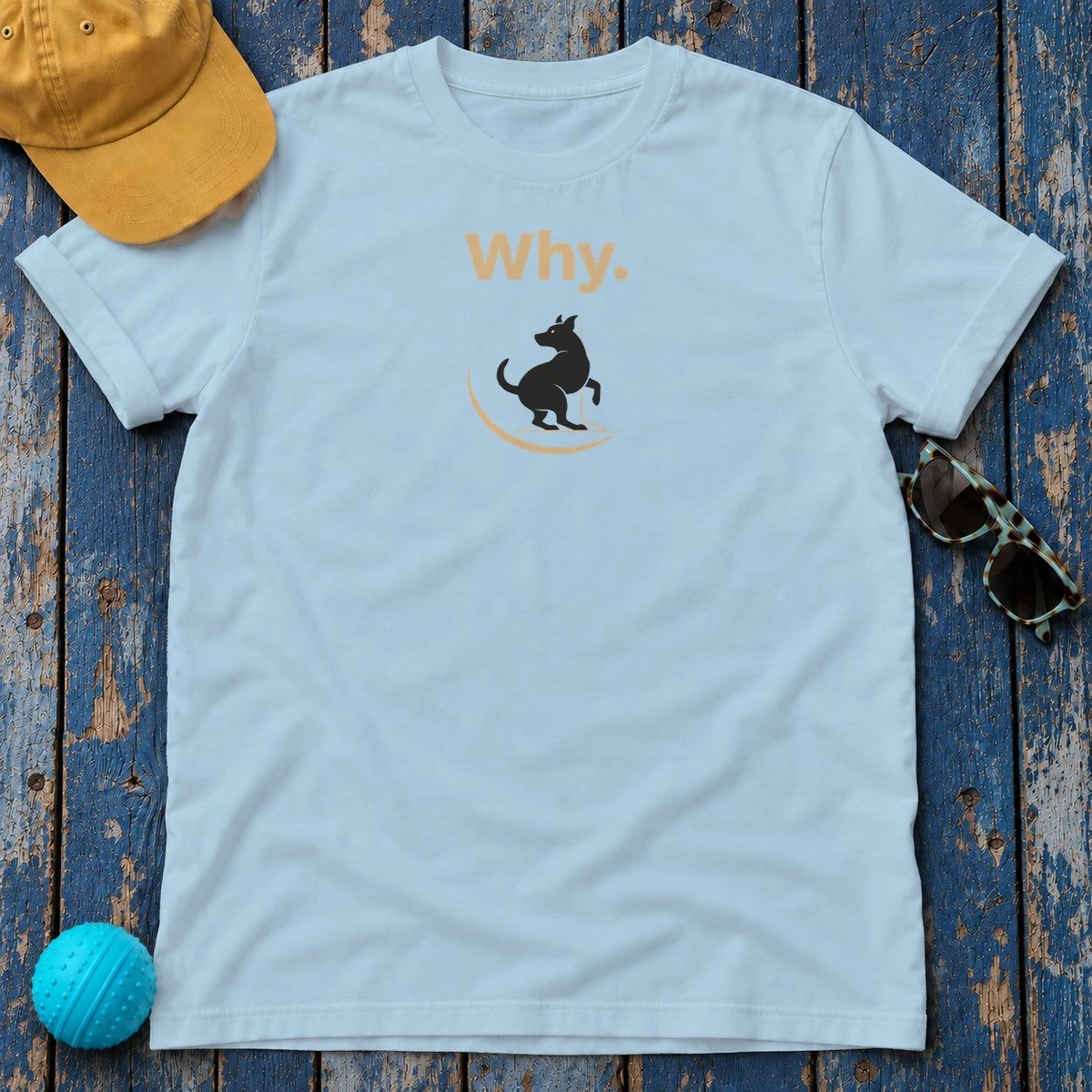 Why Curious Dog Silhouette Playful Question Design T-Shirt in Light Blue