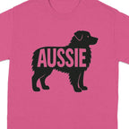 Pink t-shirt with black silhouette of a dog and the word "Aussie."