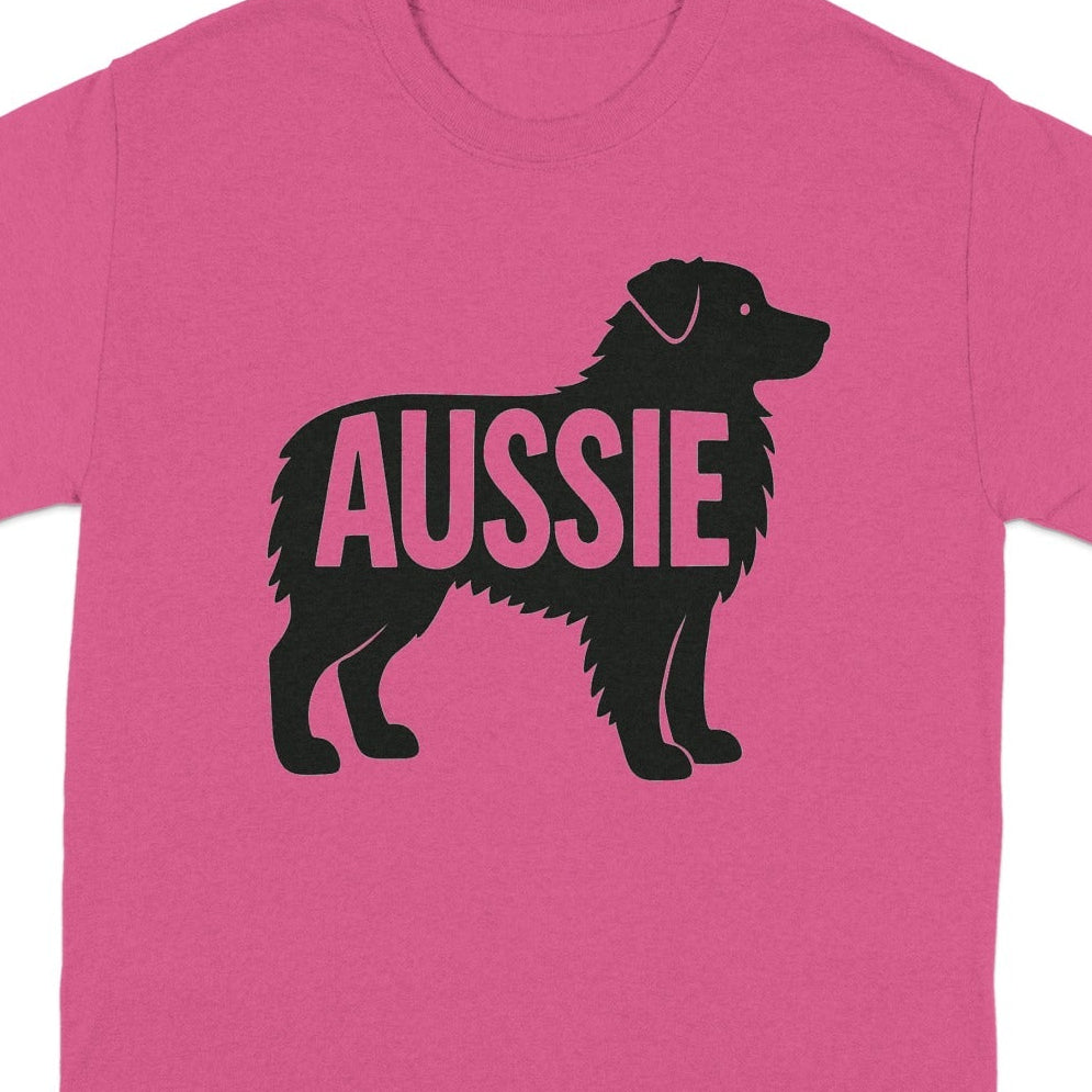 Pink t-shirt with black silhouette of a dog and the word "Aussie."