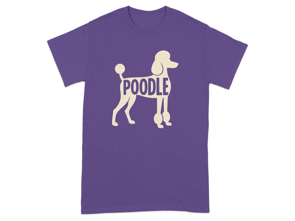 Purple t-shirt with a cream-colored silhouette and the word POODLE.