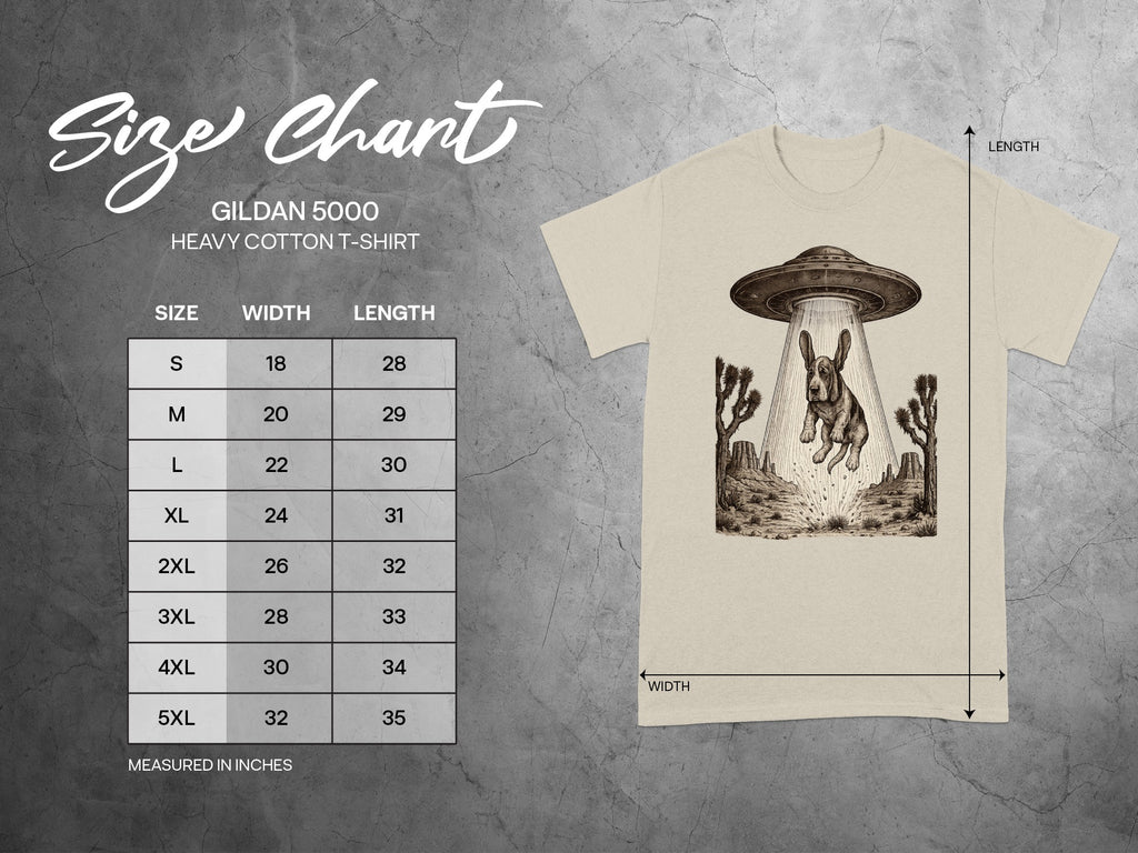 Gildan 5000 size chart showing shirt dimensions in inches and a graphic of a dog being abducted by a UFO.