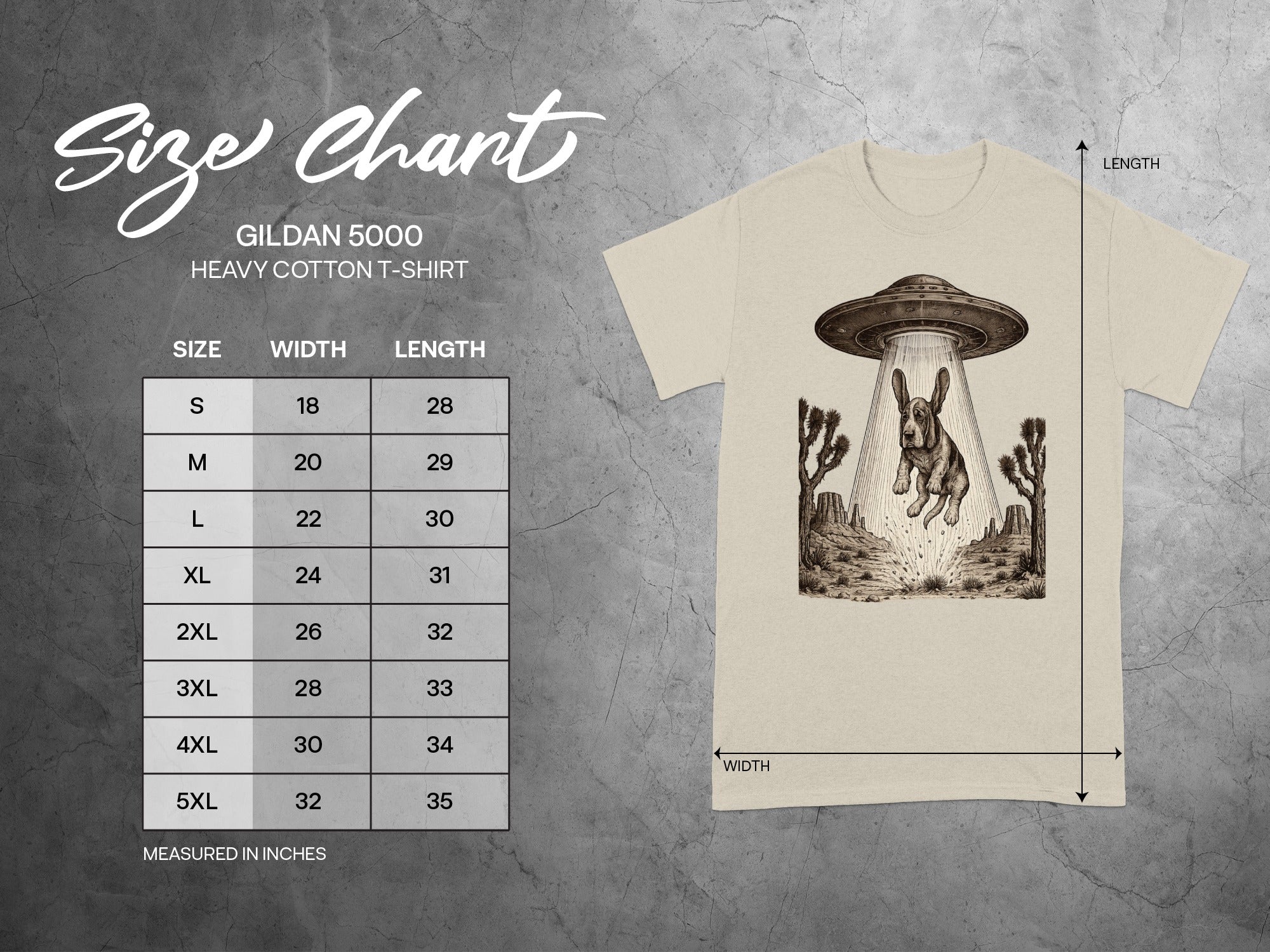 Gildan 5000 size chart showing shirt dimensions in inches and a graphic of a dog being abducted by a UFO.