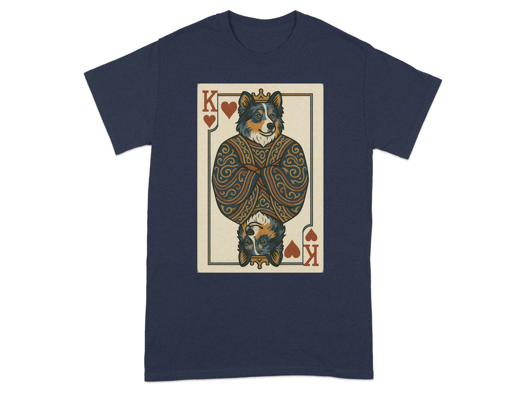 Playing card with crowned dog head, King of Hearts design on navy t-shirt.