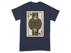 Playing card with crowned dog head, King of Hearts design on navy t-shirt.
