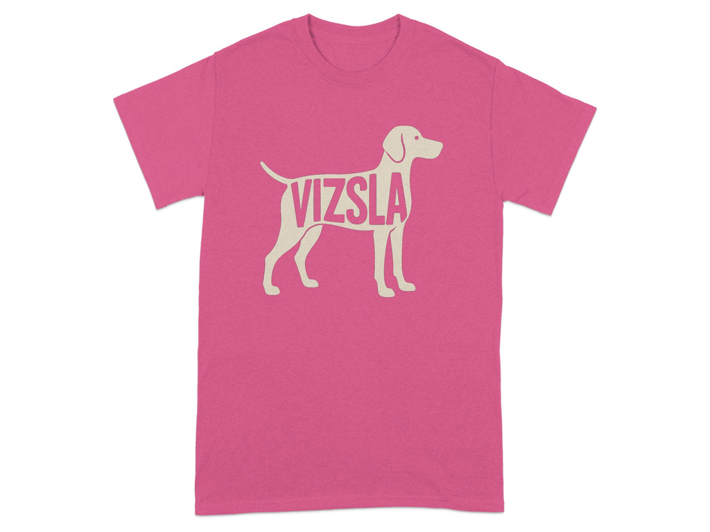 Pink t-shirt with beige Vizsla silhouette text design across the chest.