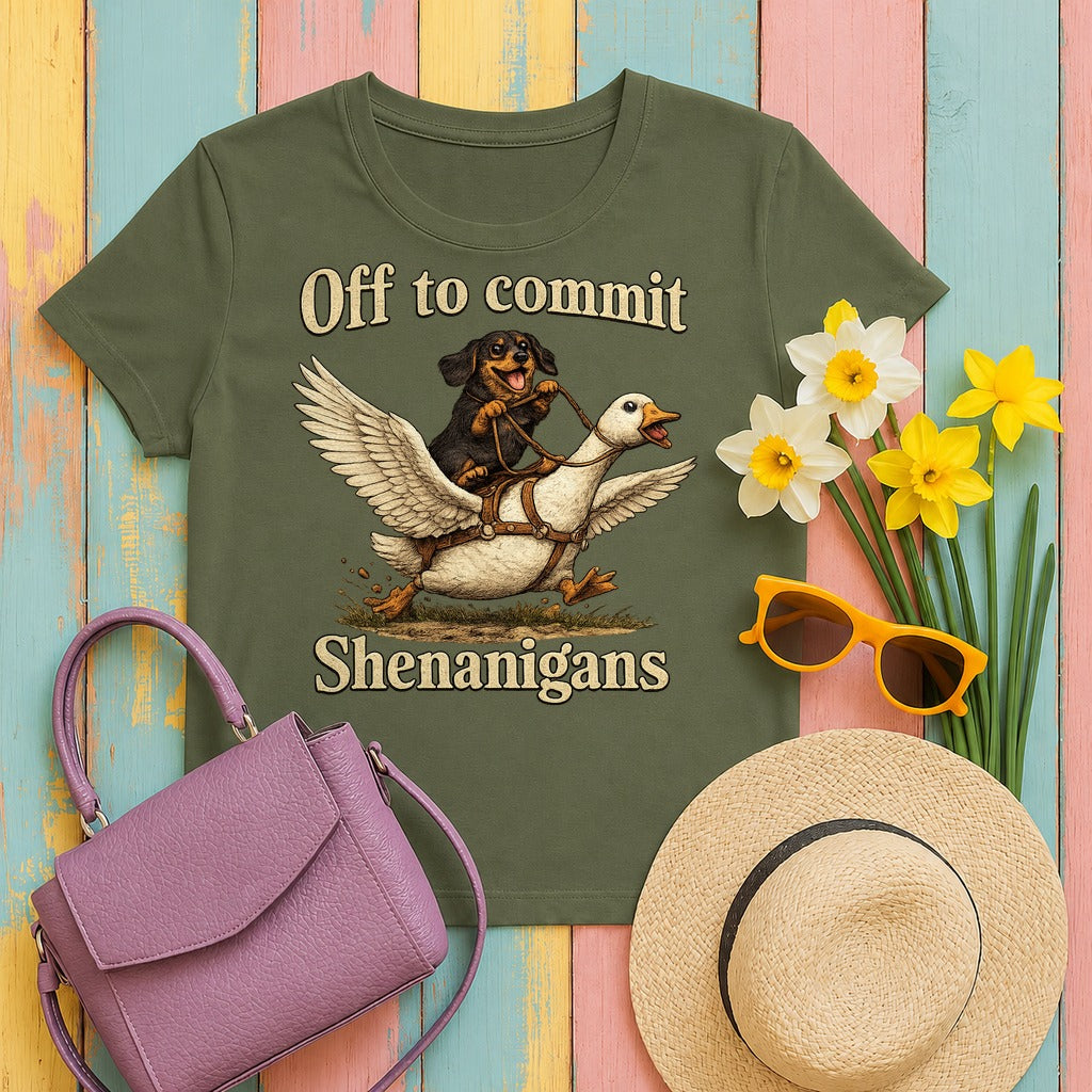 Shenanigans Unleashed Dachshund T-Shirt in Military Green
