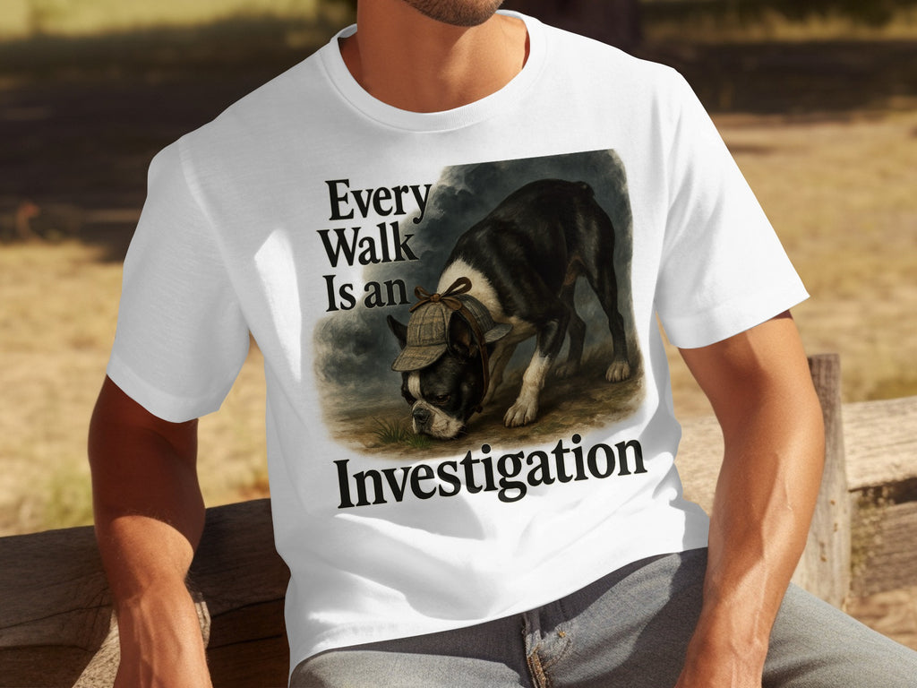White t-shirt with Boston terrier in hat text "Every Walk Is an Investigation".