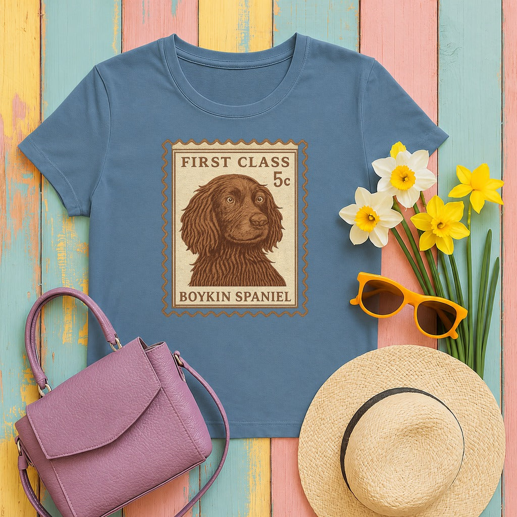 Boykin Spaniel First Class Stamp T-shirt in Steel Blue