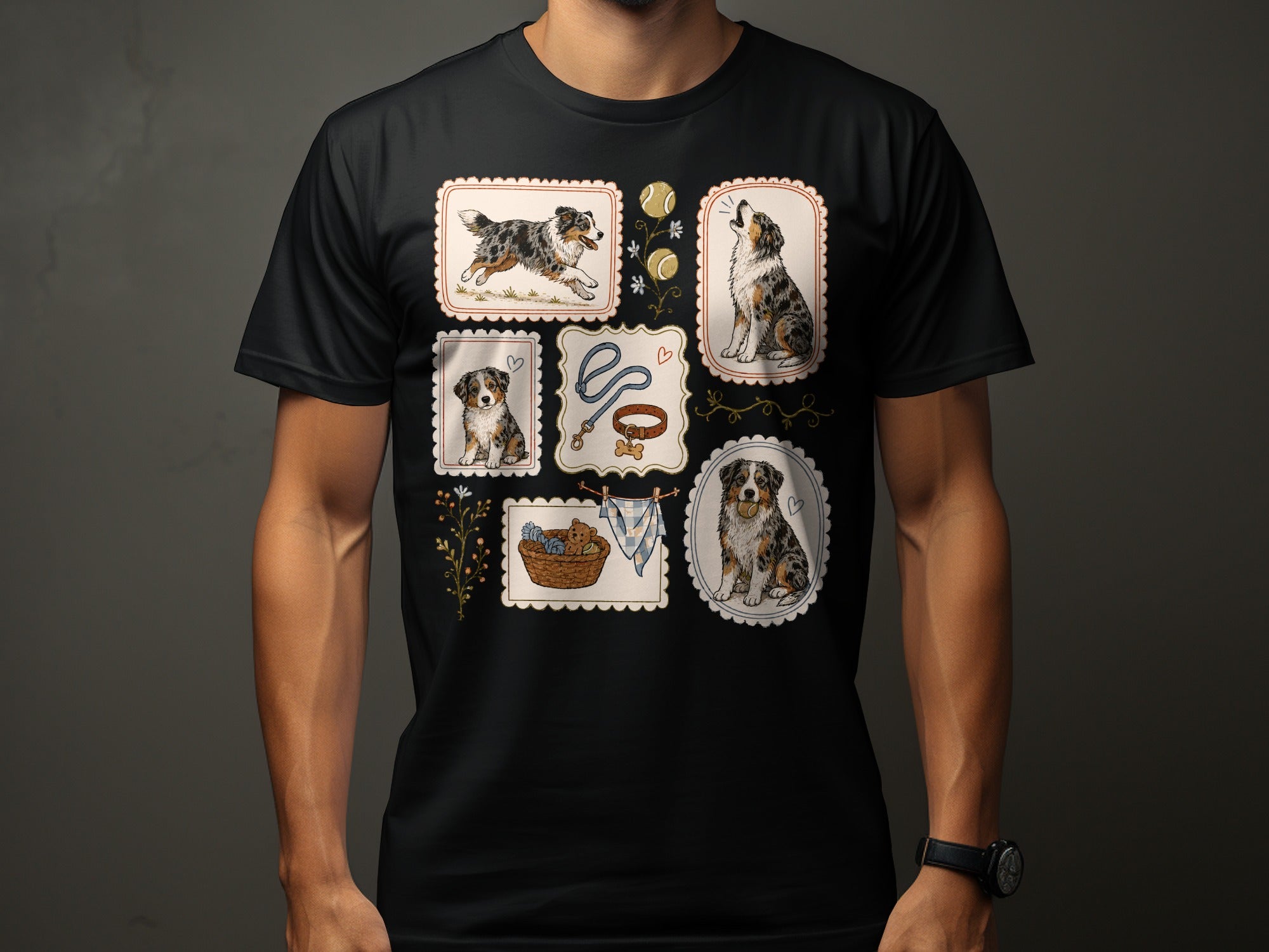 Black t-shirt featuring five framed illustrations of Australian shepherds and dog accessories.