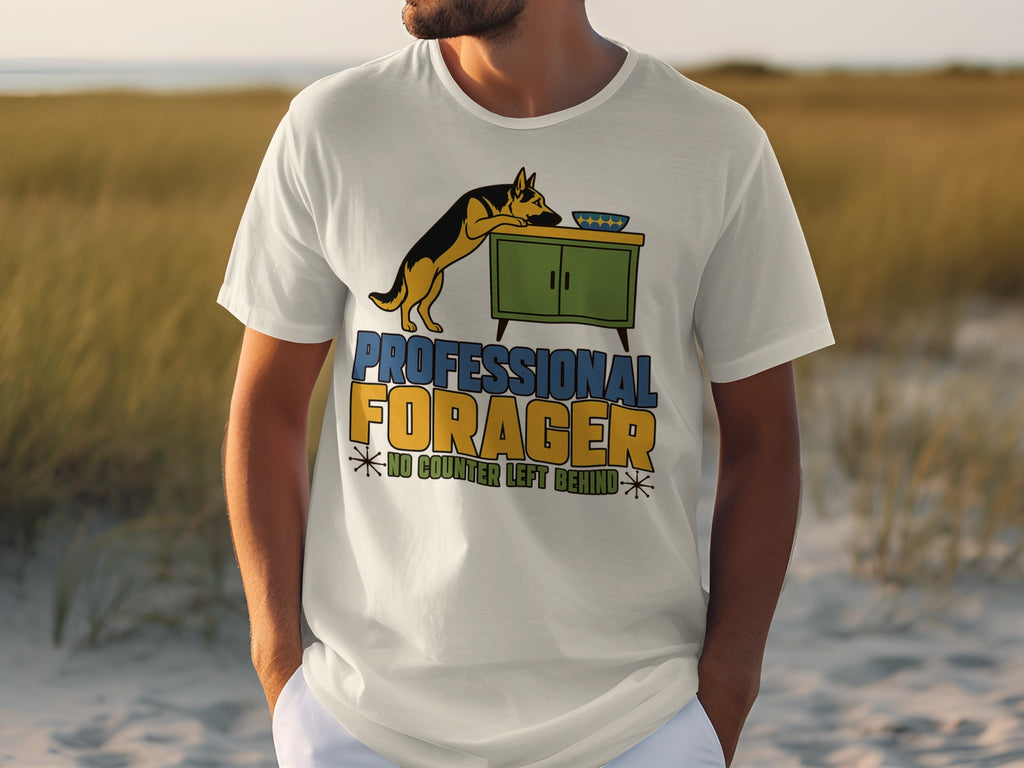 White t-shirt with "Professional Forager" and dog on counter design.