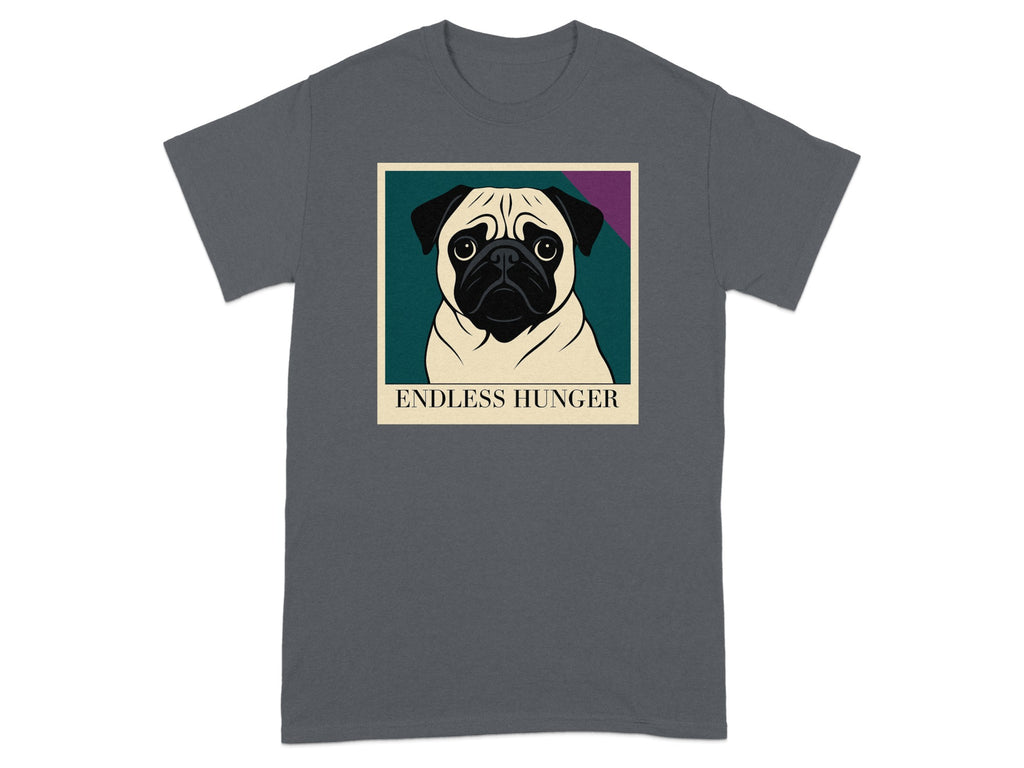Dark gray t-shirt with a pug graphic and "ENDLESS HUNGER" text.