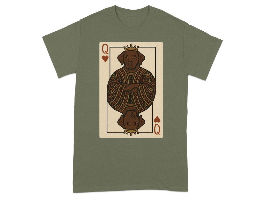 Queen of Hearts playing card featuring a chocolate lab wearing a crown.