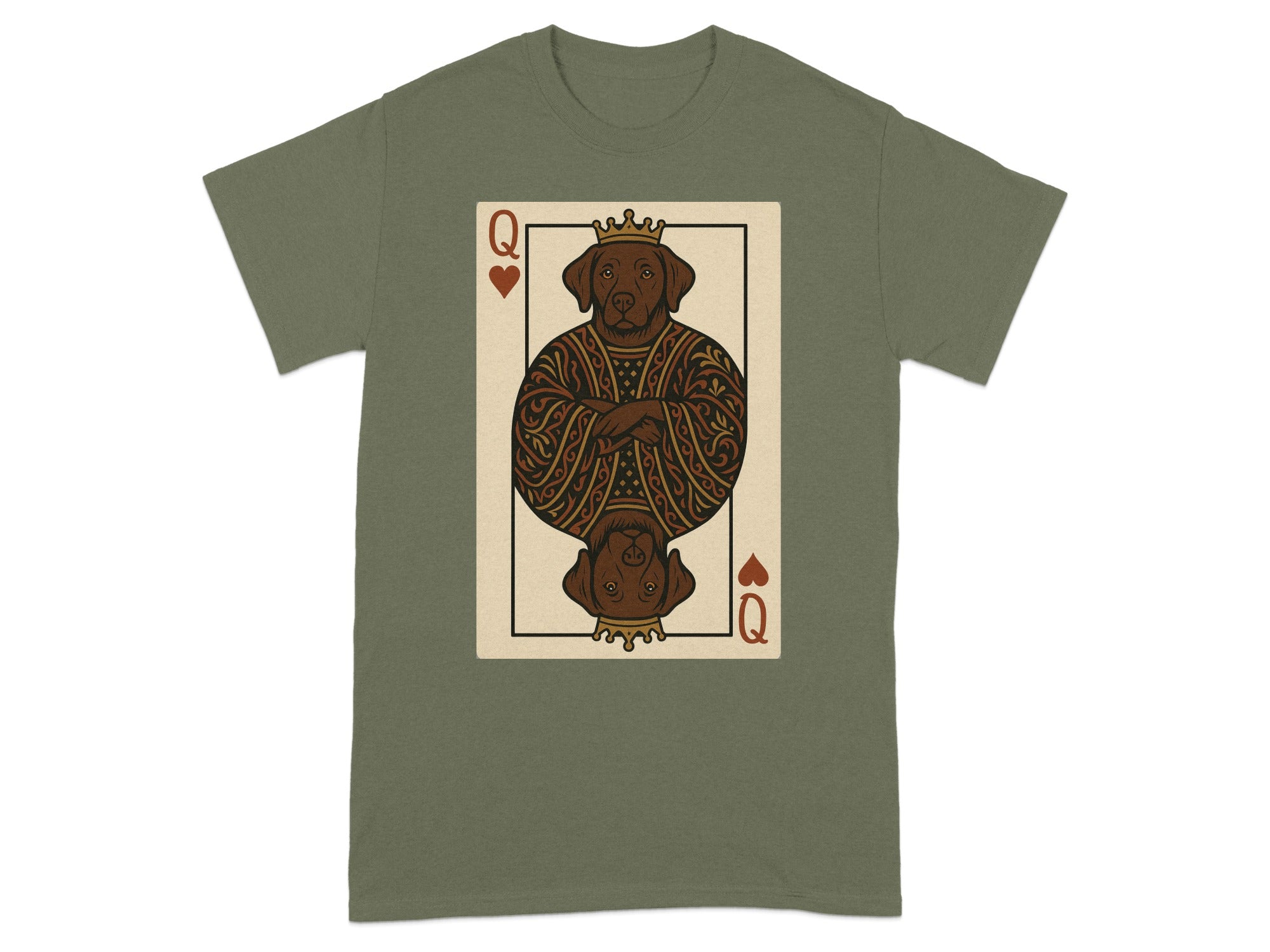 Queen of Hearts playing card featuring a chocolate lab wearing a crown.